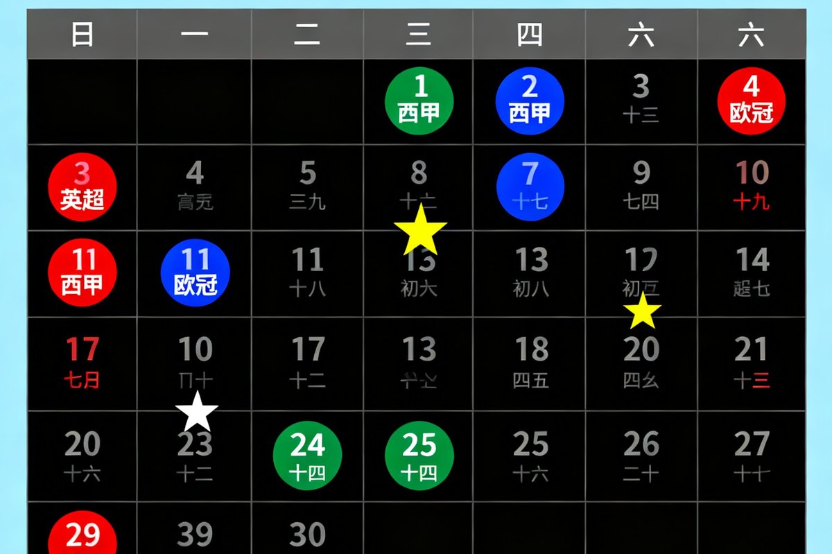 雪缘网赛程日历功能展示，以月视图网格呈现2025年1月的足球赛事安排，不同颜色圆点标记英超、西甲、欧冠等联赛，重点比赛日期上有五角星标注，整体界面简洁直观，方便球迷快速浏览本月所有重要比赛